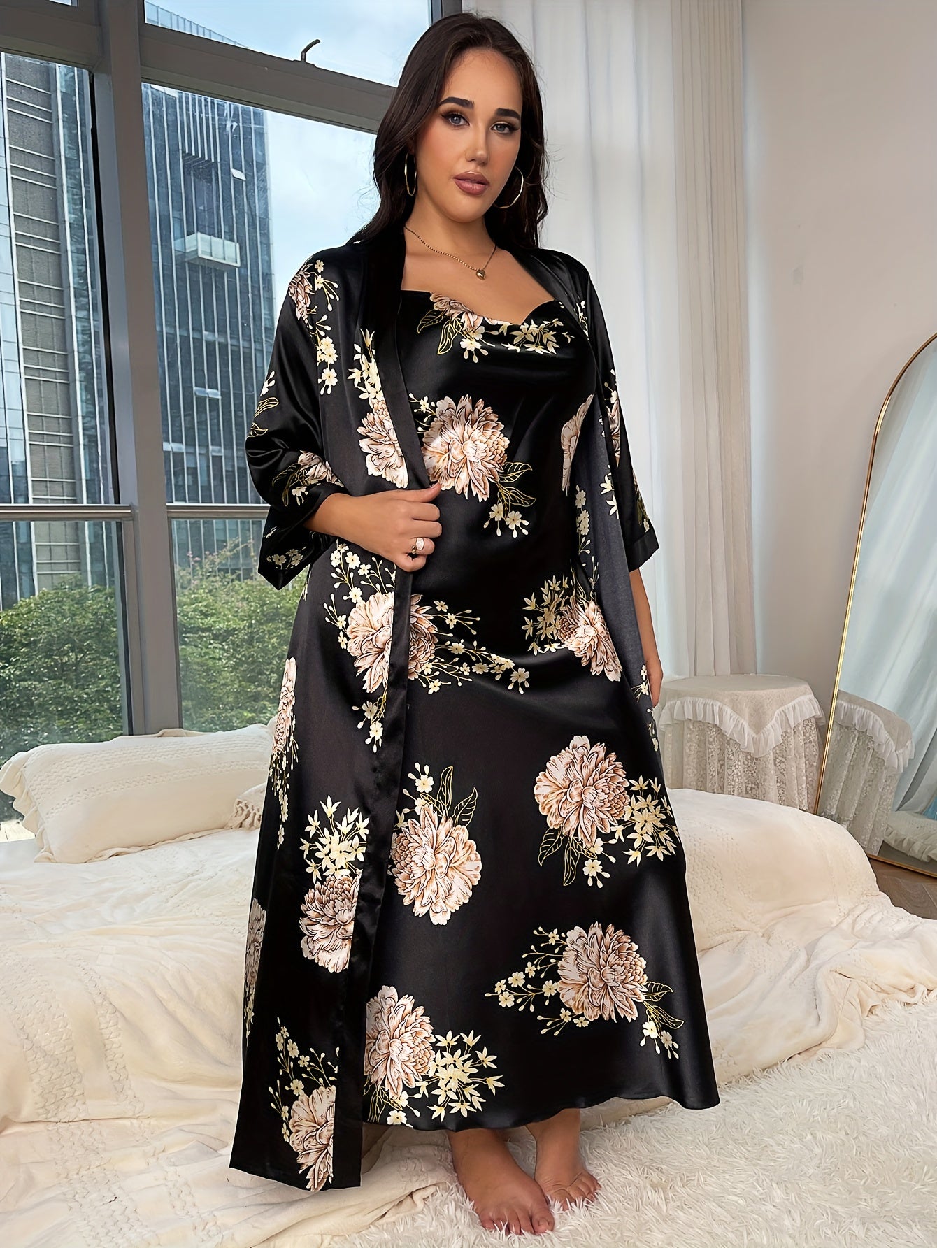 Women's Plus Floral Print Satin Belted Robe & Cowl Neck Cami Dress Pajamas Set