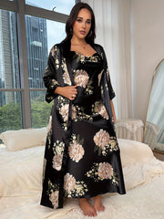 Women's Plus Floral Print Satin Belted Robe & Cowl Neck Cami Dress Pajamas Set