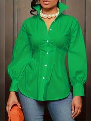Casual Blouse Button Up Lantern Sleeve Turn Down Collar Blouse