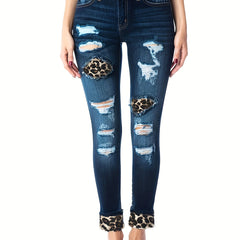 Colorblock Leopard Print High Rise Skinny Jeans