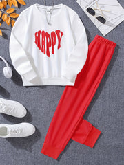 Happy Print Girl's 2pcs Sweatshirt & Sweatpants Set for Spring Fall