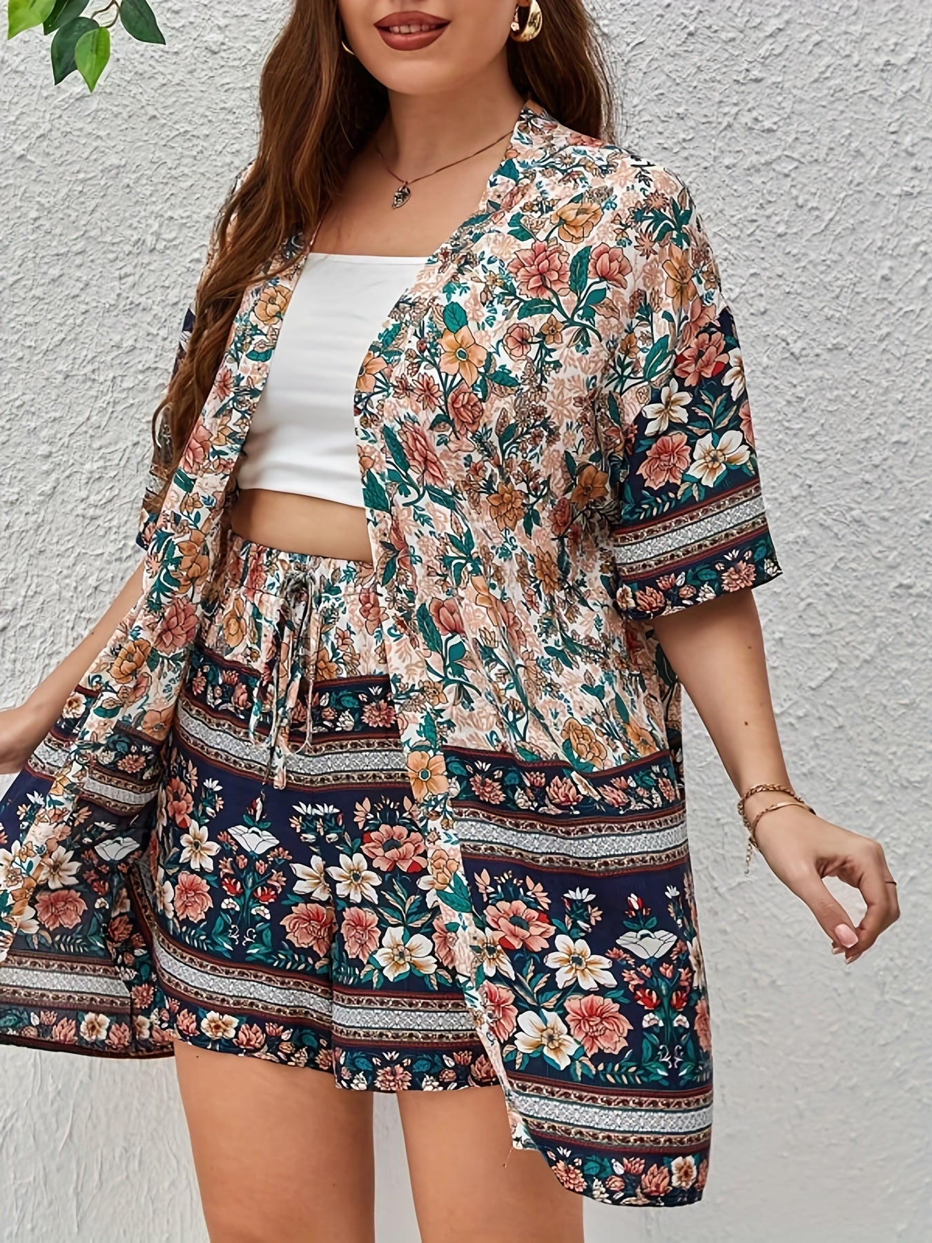 Floral Print Colorblock Top & Drawstring Shorts Set