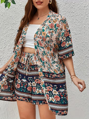 Floral Print Colorblock Top & Drawstring Shorts Set