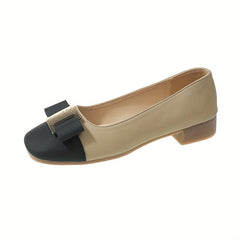 Bow Chunky Heel Square Toe Colorblock Walking Shoes