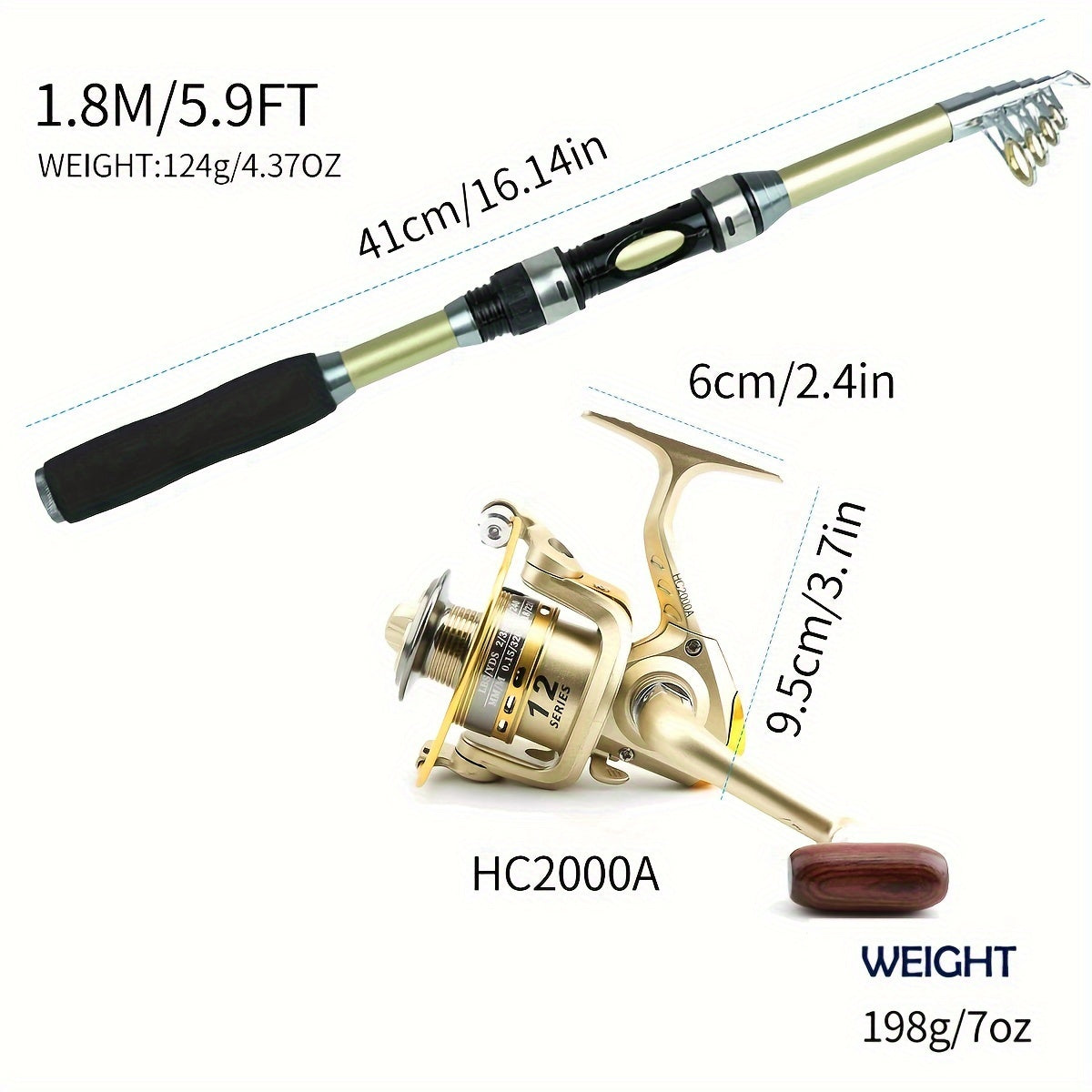 8M Golden Fishing Rod And Spinning Reel Set with Storage Bag