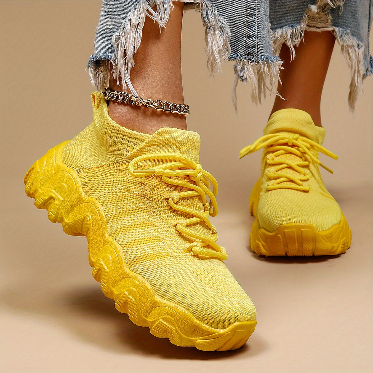 Yellow Knit Sneakers Breathable Comfortable Low Top Running Shoes