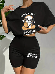 Cartoon Print Lounge Set Short Sleeve Crew Neck Top & Elastic Waistband Shorts