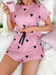 Heart Print Pajamas Set Short Sleeve Crew Neck Top & Shorts Women's Sleepwear