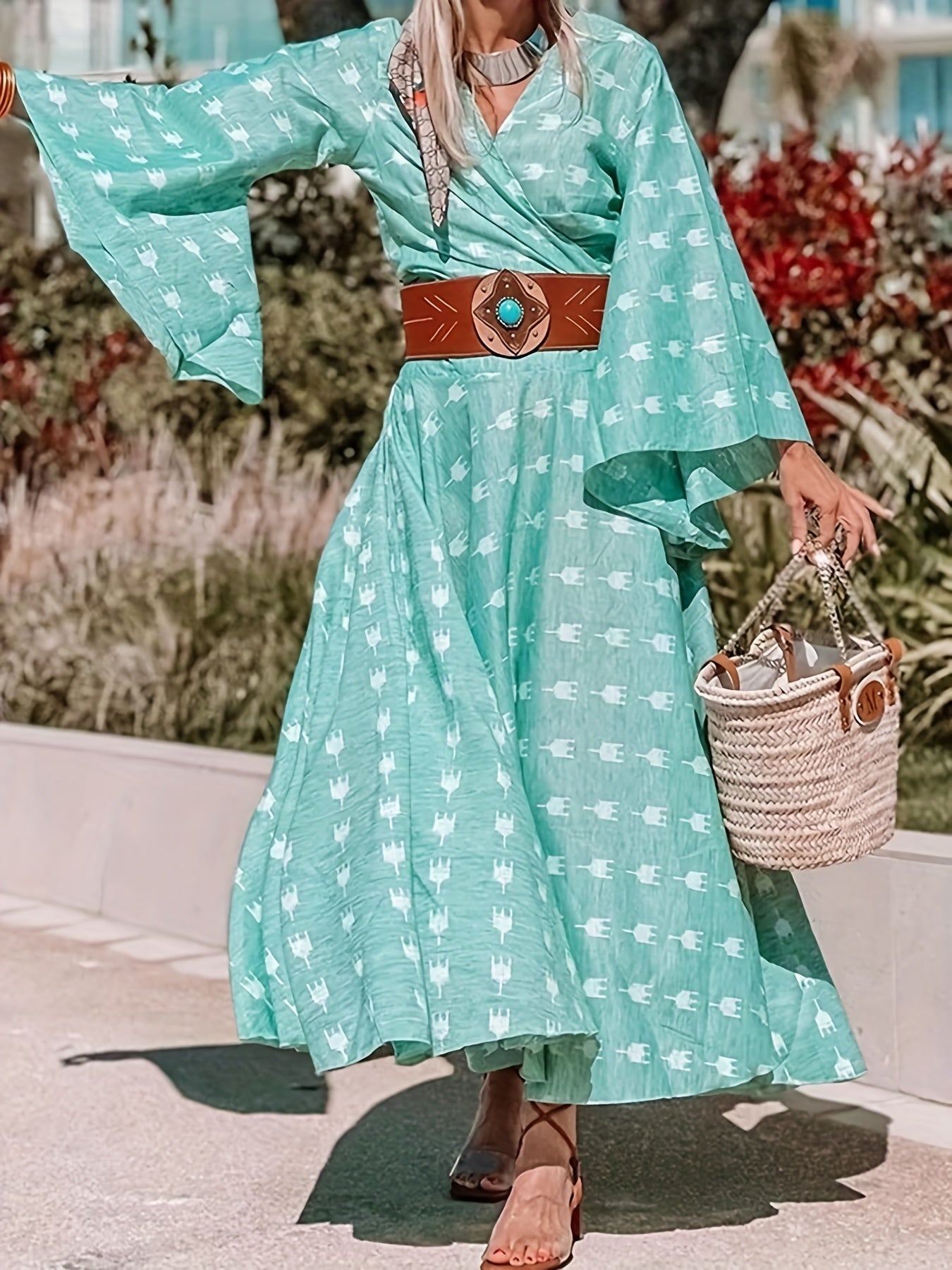 Boho Dress Women's Plus Allover Print Flare Sleeve Maxi Dress