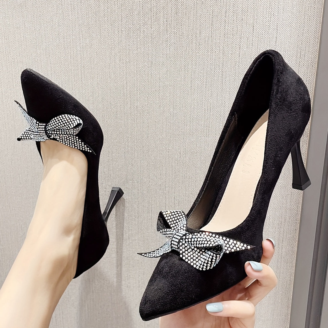 Rhinestone Bow Heels Pointed Toe Slip On Stiletto Party Pump