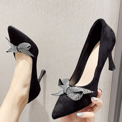 Rhinestone Bow Heels Pointed Toe Slip On Stiletto Party Pump