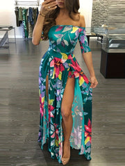 Boho Floral Print Romper With Overskirt Sexy Off Shoulder Jumpsuit