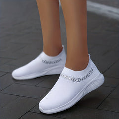Women's Breathable Knit Sneakers Low Top Faux Rhinestone Casual Shoes