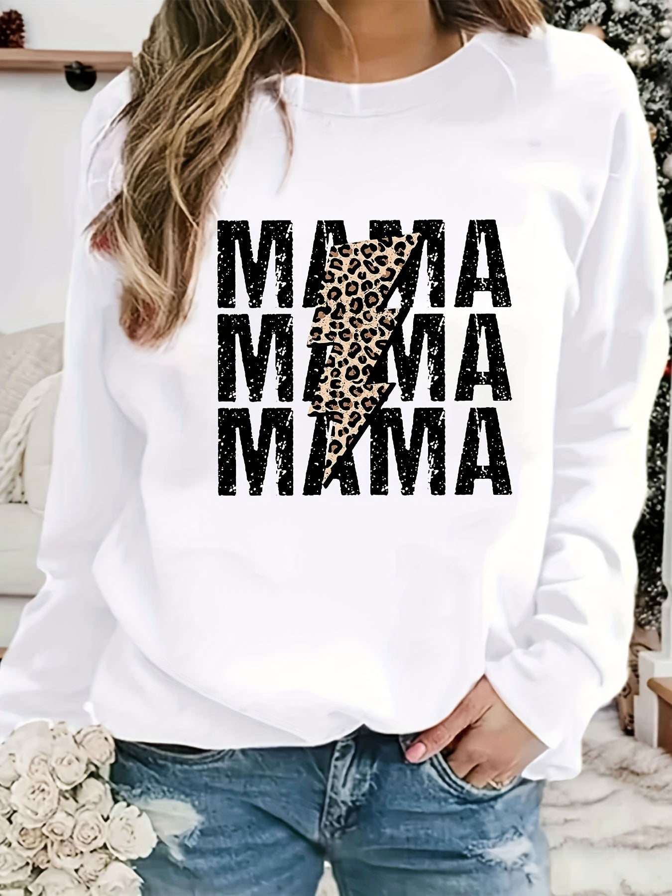 Mama Print Crew Neck Sweatshirt Long Sleeve Casual Women's Clothing