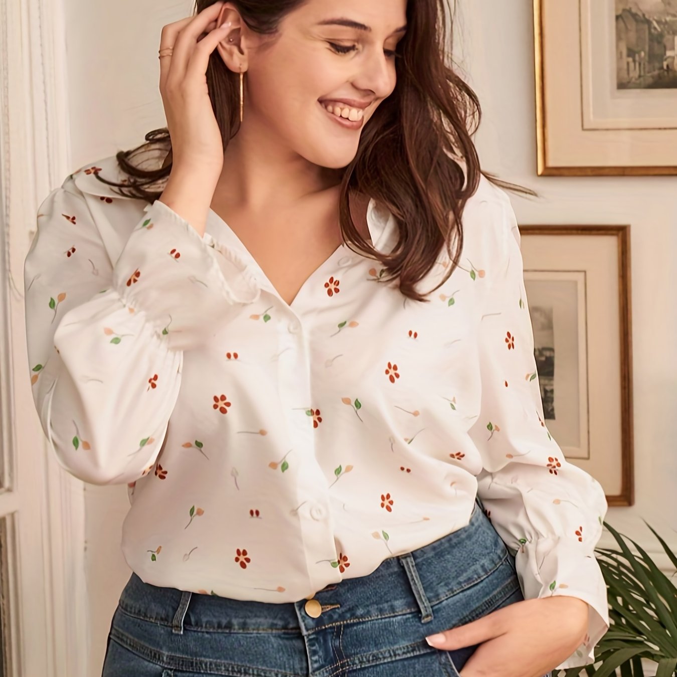 Floral Print Flounce Sleeve Button Up Plus Size Blouse