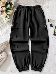 Boys Casual Cargo Pants Elastic Waist Drawstring Jogger Pants