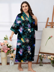 Casual Robe Women's Plus Floral Print Belted V Neck Dressing Gown