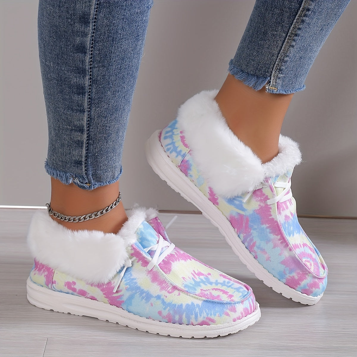Women's Plush Lined Canvas Shoes Tie Dye Slip On Fuzzy Snow Boots