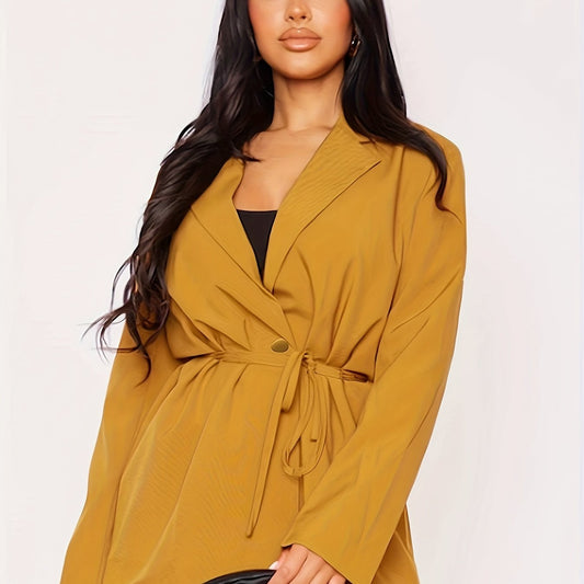 Solid Long Sleeve Workwear Blazer With Belt