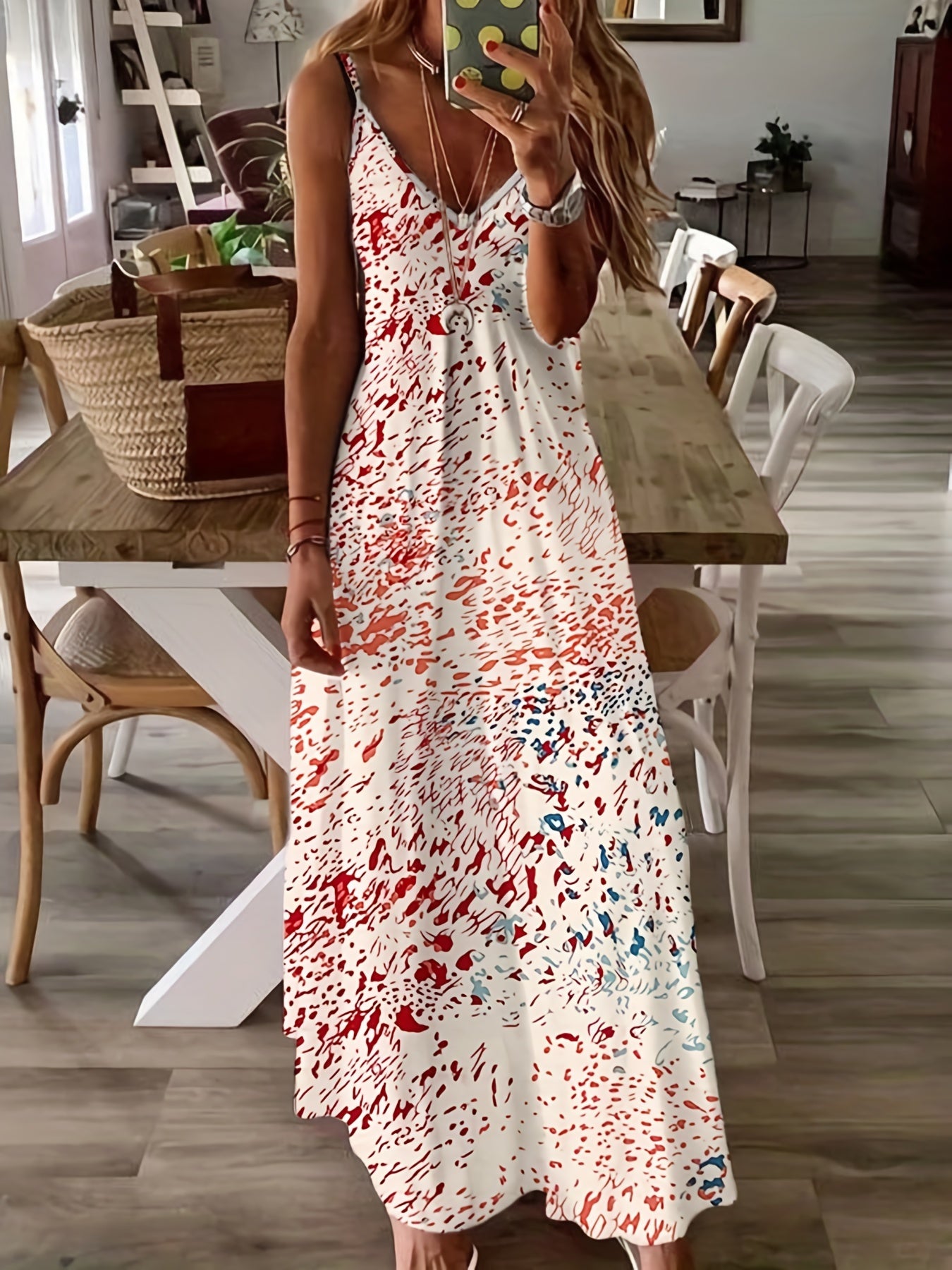 Abstract Print Cami Dress V Neck Maxi Dress Women's Clothing