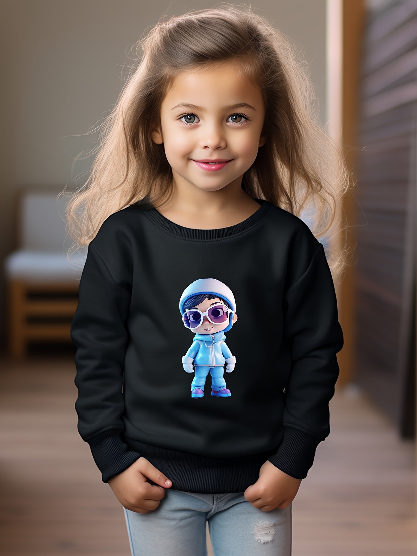 Cartoon Pattern Crew Neck Sweatshirt for Girls Kids