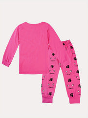 Girls Cat Print Pajama Set Long Sleeve Round Neck Pullover Comfy Homewear