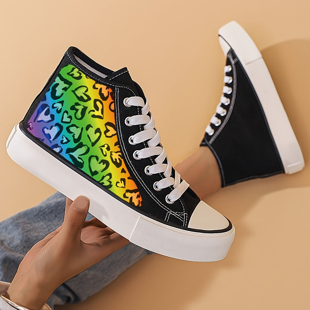 Heart Print Flat Chunky Canvas Sneakers High Top Skate Shoes