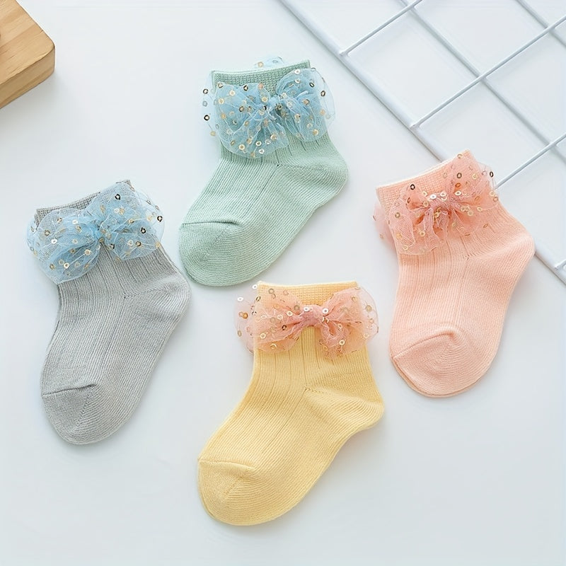 Baby Girls Sequin Bow Lace Trim Ankle Socks for Newborns