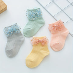 Baby Girls Sequin Bow Lace Trim Ankle Socks for Newborns