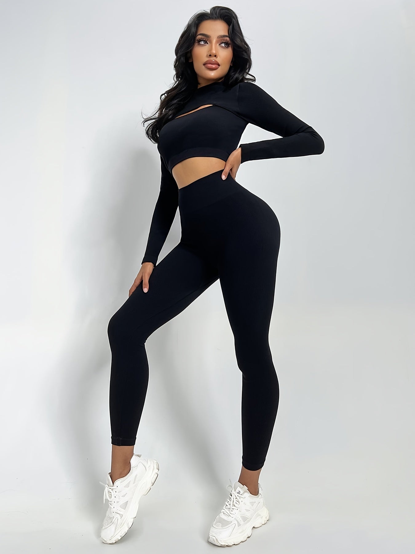 2pcs Yoga Sets High Waist Seamless Leggings & Cropped Long Sleeve T-shirts