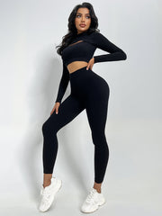 2pcs Yoga Sets High Waist Seamless Leggings & Cropped Long Sleeve T-shirts