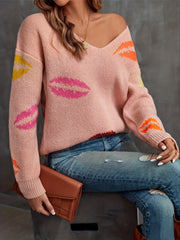 Women's Plus Kiss Print V Neck Sweater