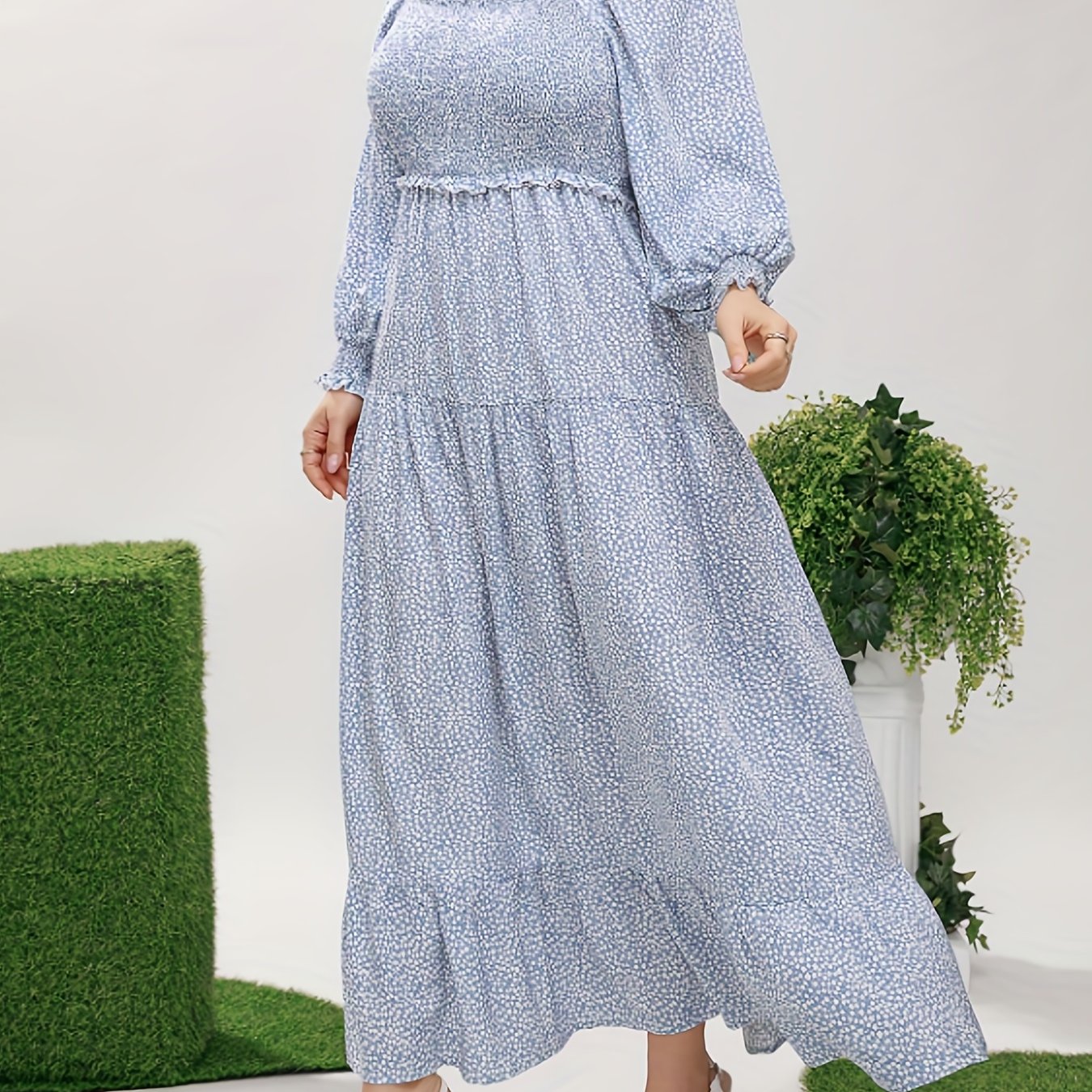 Plus Ditsy Floral Print Flounce Sleeve Smock Maxi Dress