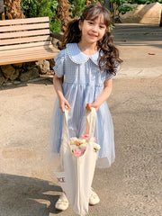 Girl's Plaid Bubble Sleeve Princess Dress for Summer Party