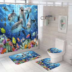 Waterproof Dolphin Shower Curtain Set with Non Slip Bathroom Rug