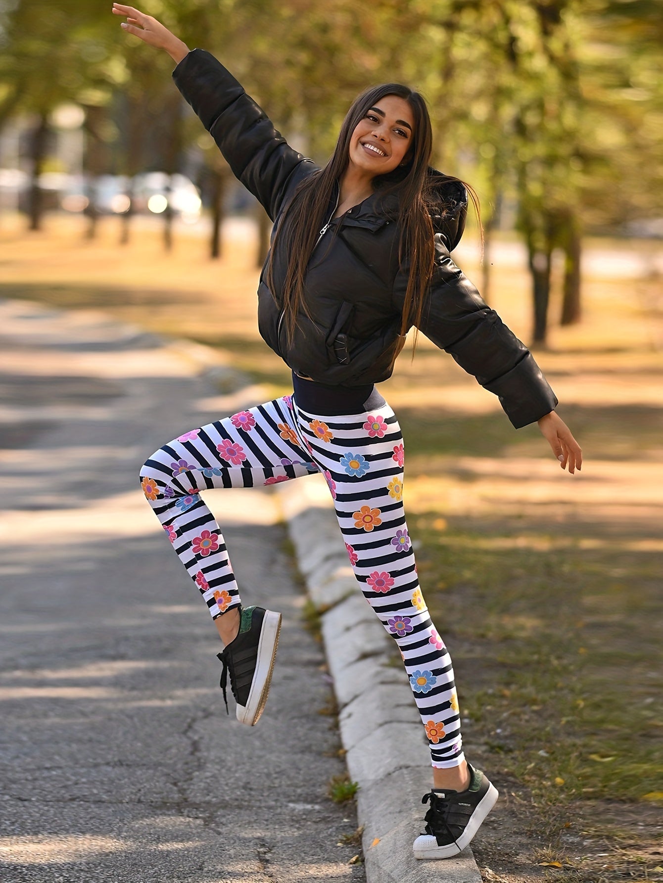 Stripe & Floral Print High Rise Skinny Leggings