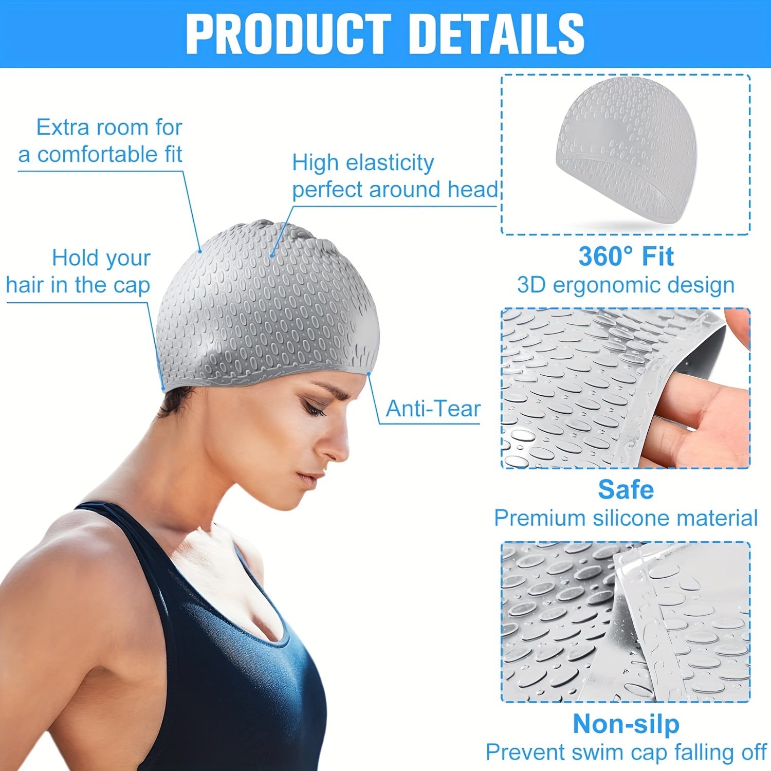 Waterproof Swim Caps for Adults Non Slip Plain Design