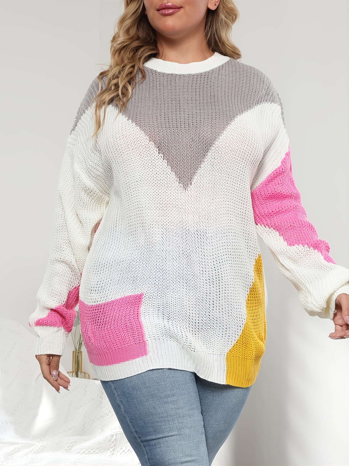 Colorblock Round Neck Sweaters Women's Plus High Stretch Loose Fit