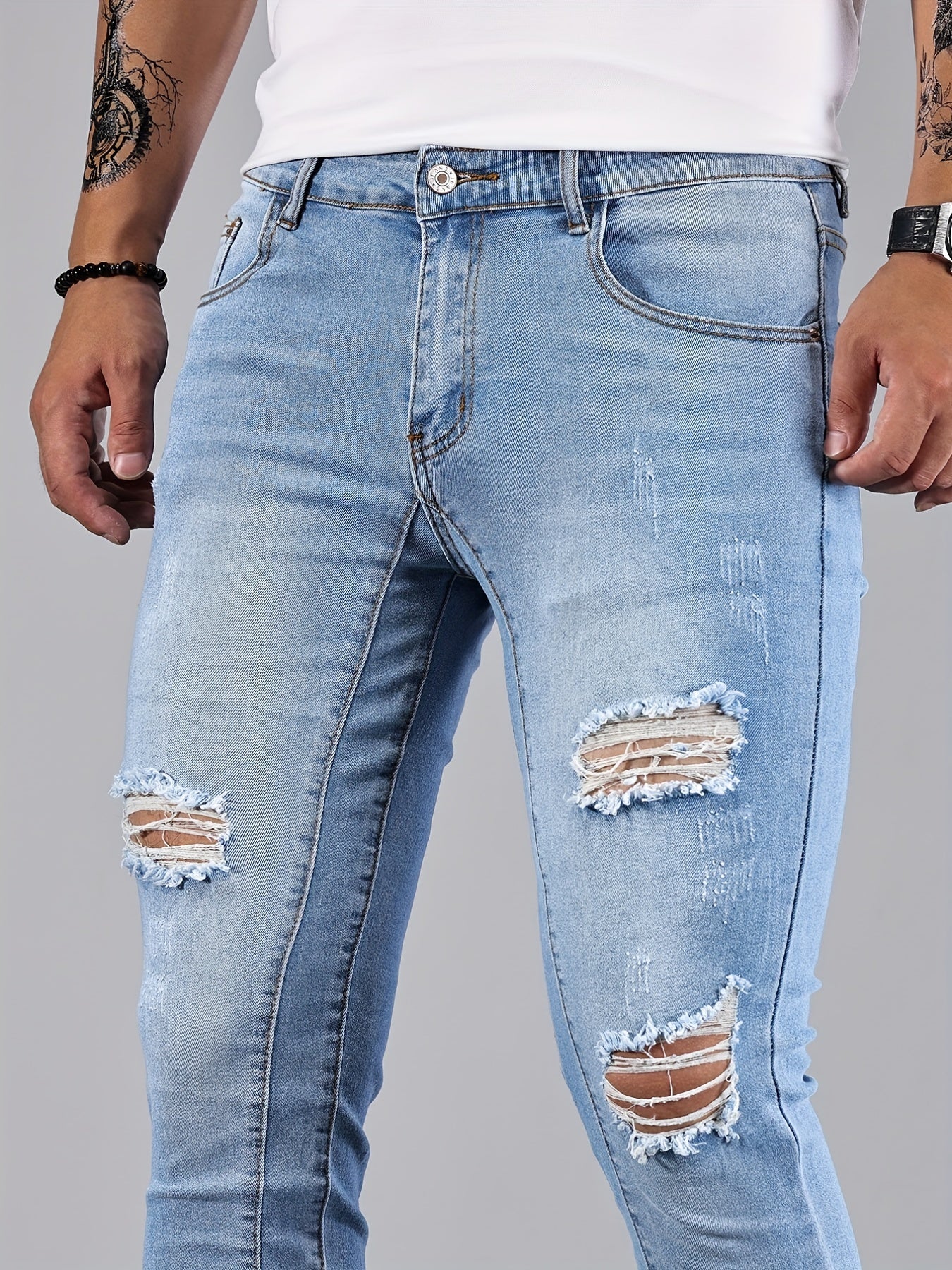 Men's Slim Fit Ripped Jeans Casual Street Style Distressed Denim Pants
