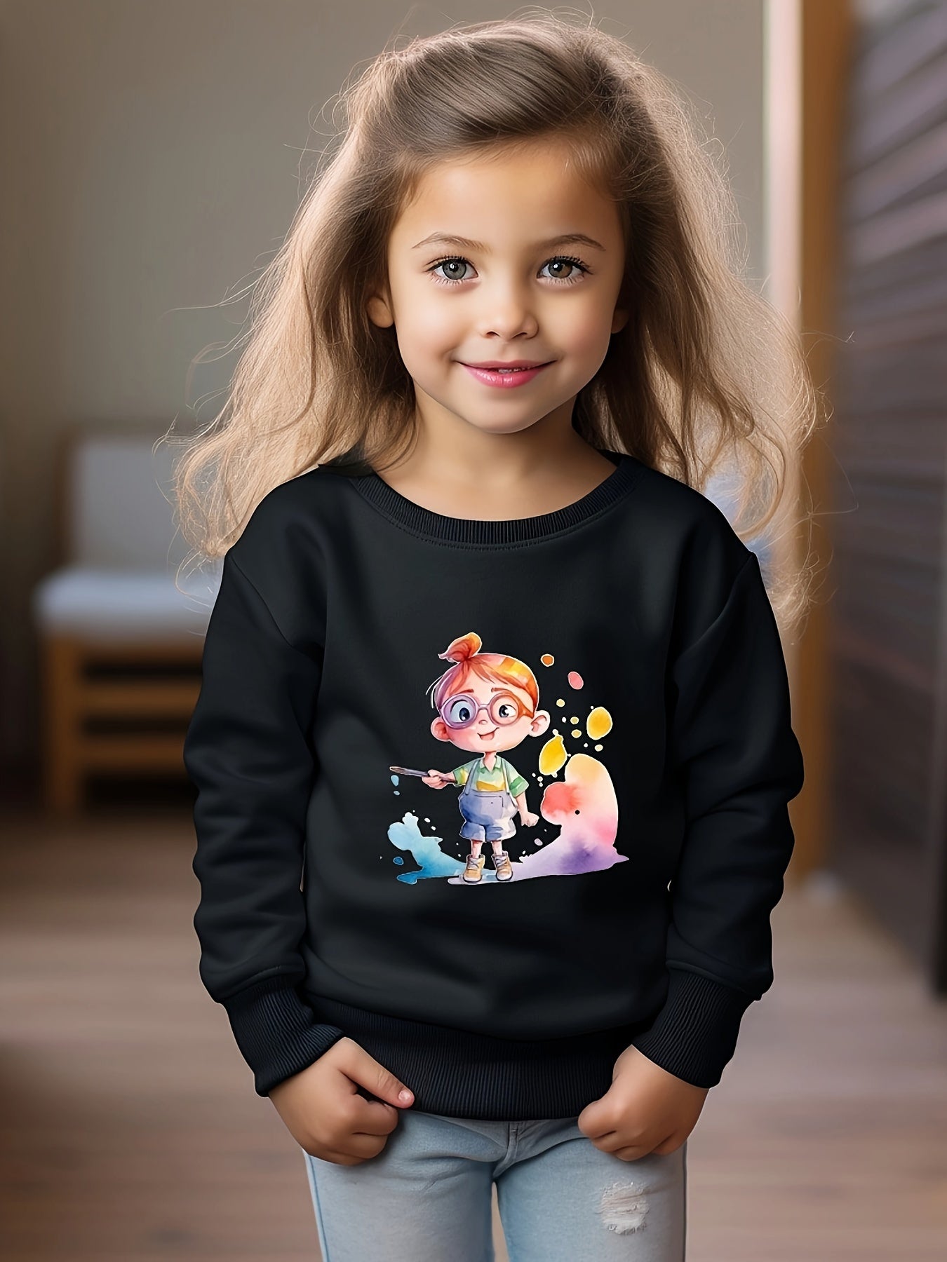 Toddler Cartoon Girl Print Long Sleeve Sports Sweatshirt