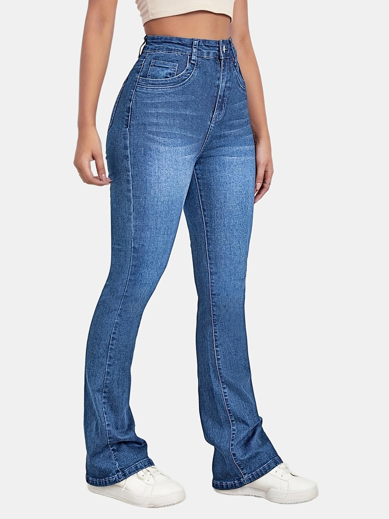 Flared Jeans Bell Bottom Slash Pockets Slight Stretch Denim Pants