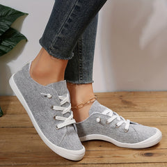 Women's Grey Flat Canvas Shoes Low Top Lace Up Sneakers