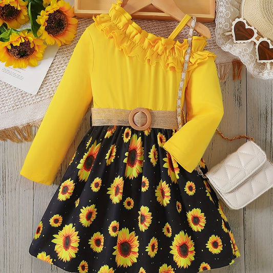 Girls' Sunflower Frill One Shoulder Dress Set & Belt