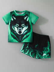 Boys Wolf & Flame Pattern Print T Shirt And Shorts Set