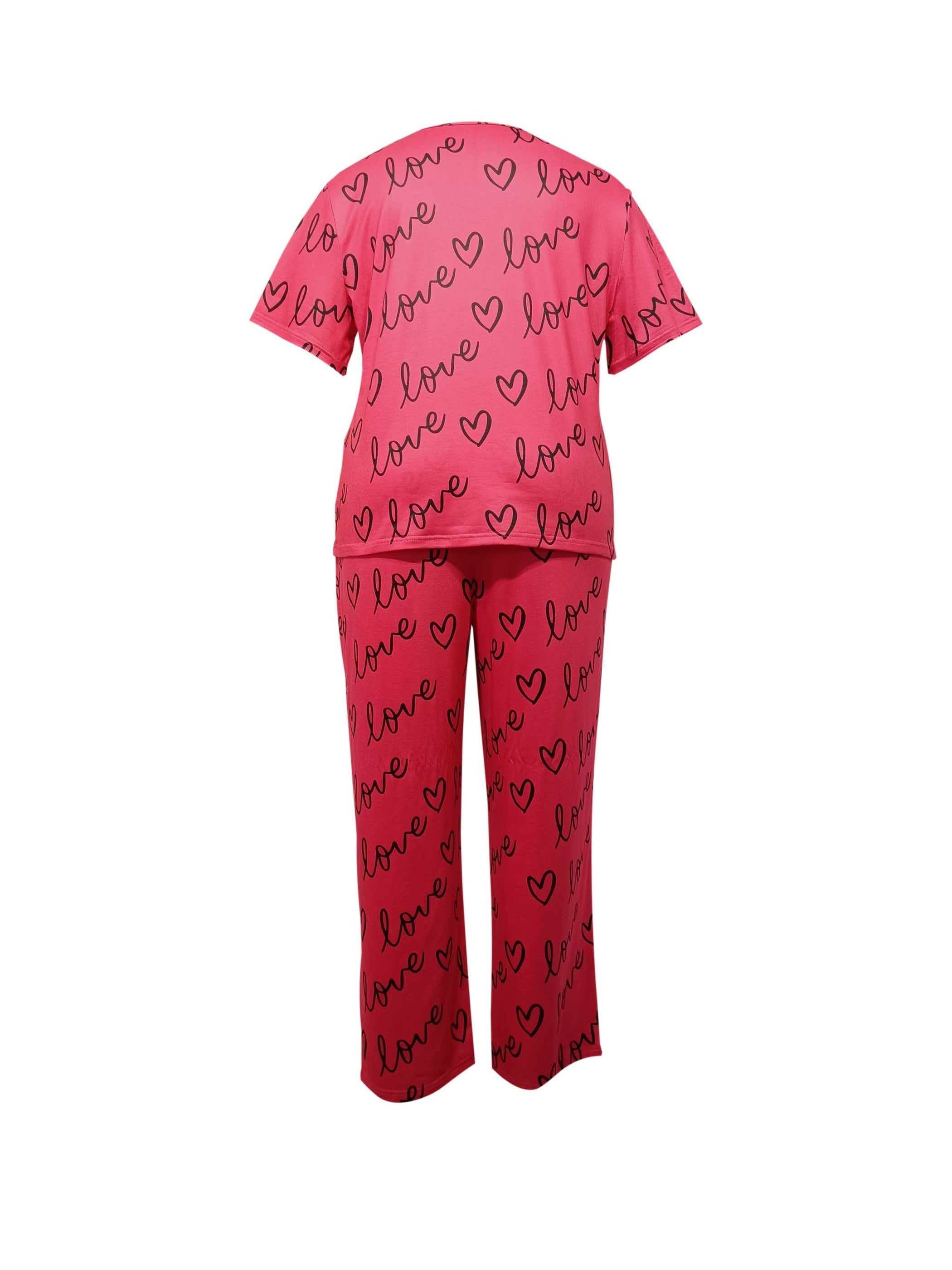Casual Pajamas Set Women's Plus Heart & Letter Print Tee & Pants