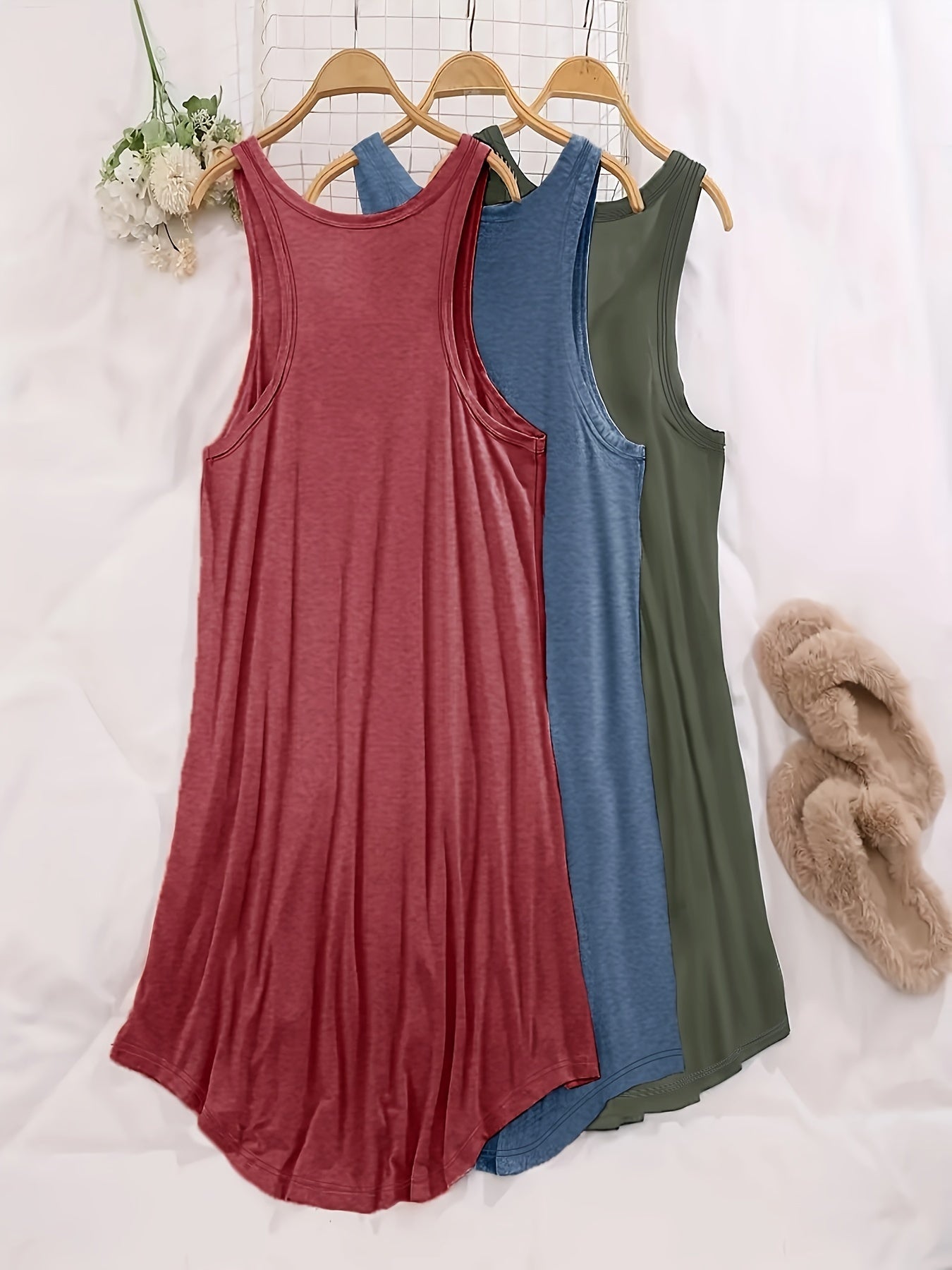 3 Pack Plus Size Lounge Dress Set Women's Plus Solid Round Neck Plain Tank