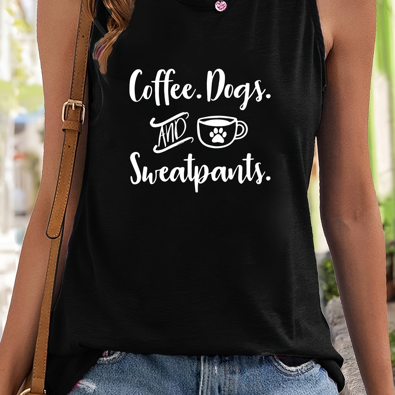 Coffee & Paw Print Sleeveless Sports Vest Round Neck Stretchy Casual Tops