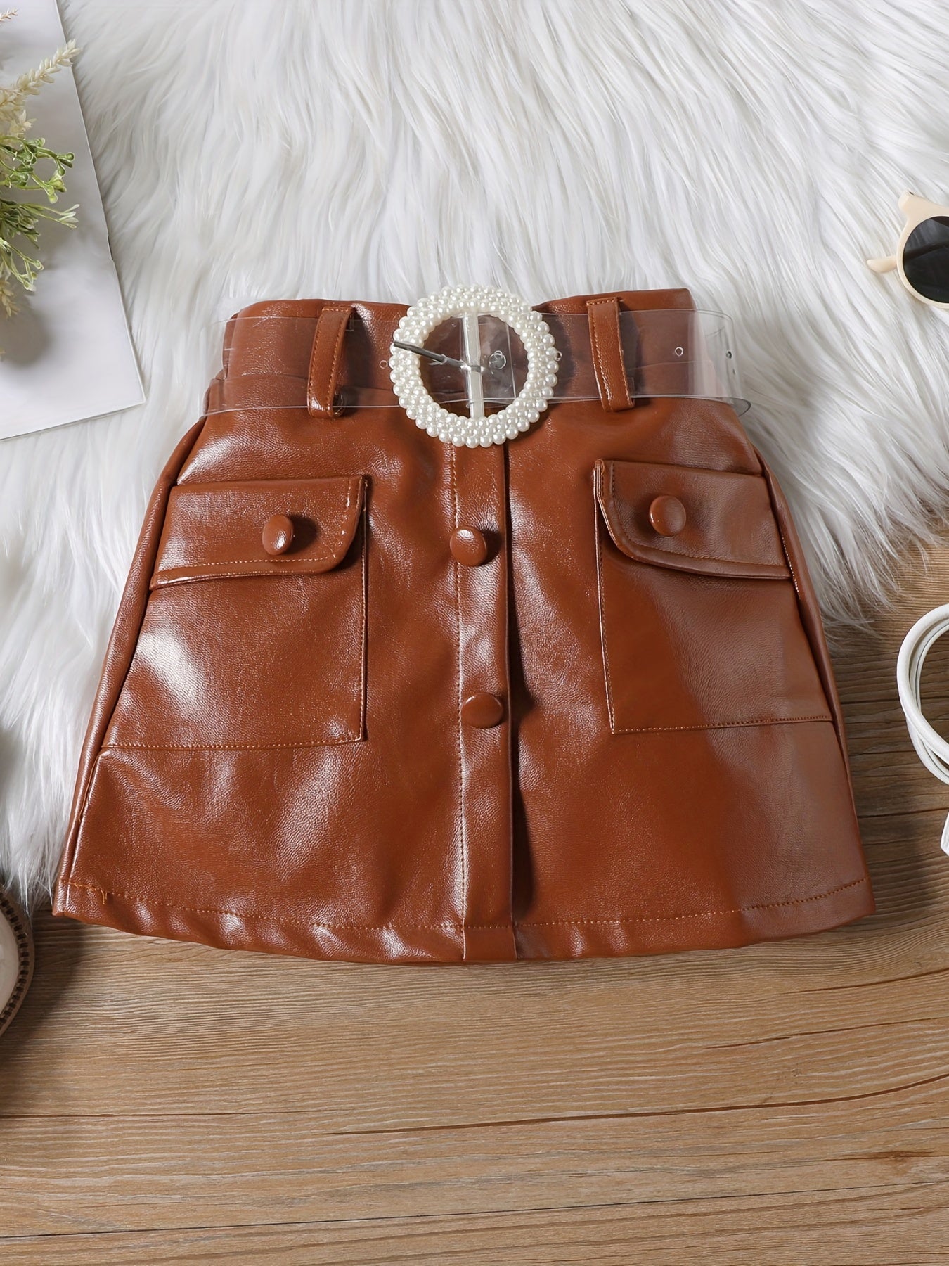 Girl's 2pcs Top & Belted PU Skirt Set Faux Fur Decor Outfit Kids Clothes