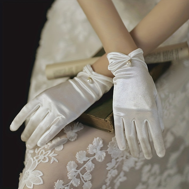 Faux Pearl Decor Wedding Gloves Satin Gauze Bridal Dress Accessories