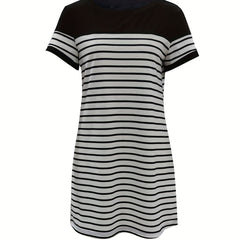Casual Striped Print Splicing Dress Short Sleeve Crew Neck Dress